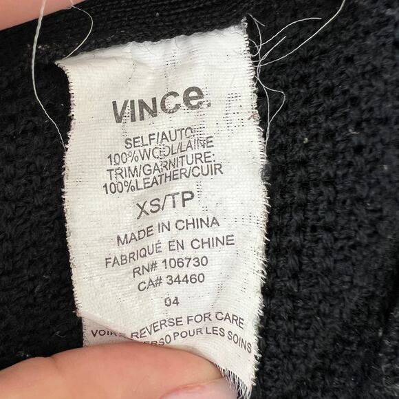 VINCE Black Wool & Leather Waffle Knit Crewneck Front Zip Pullover Sweater XS - Picture 6 of 6